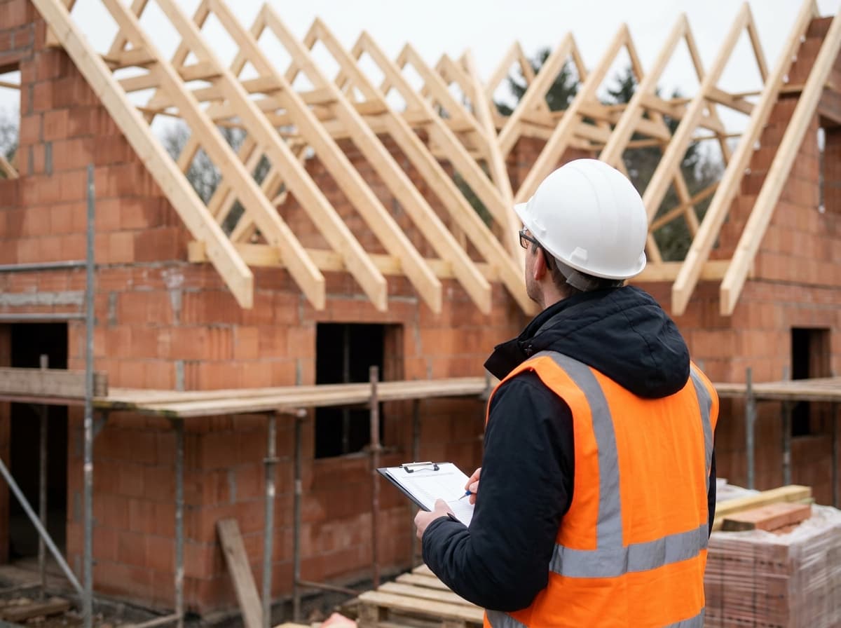 Rohbau mit Dachstuhl auf der Baustelle — baubegleitende Güteüberwachung durch den Bausachverständigen